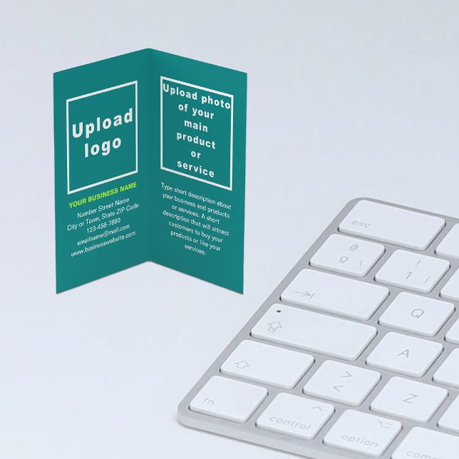 Brand and Product on Teal Green Folded Business Card (Teal green folded business card with your brand and product)