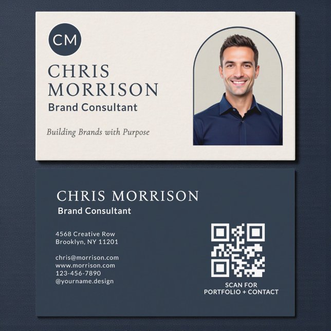 Brand Consultant Photo QR Code Navy Blue Business Card (Creator Uploaded)
