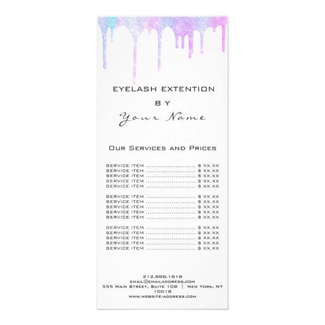 Branding Price List Eyelash Hair Pink Holograph Rack Card (Back)