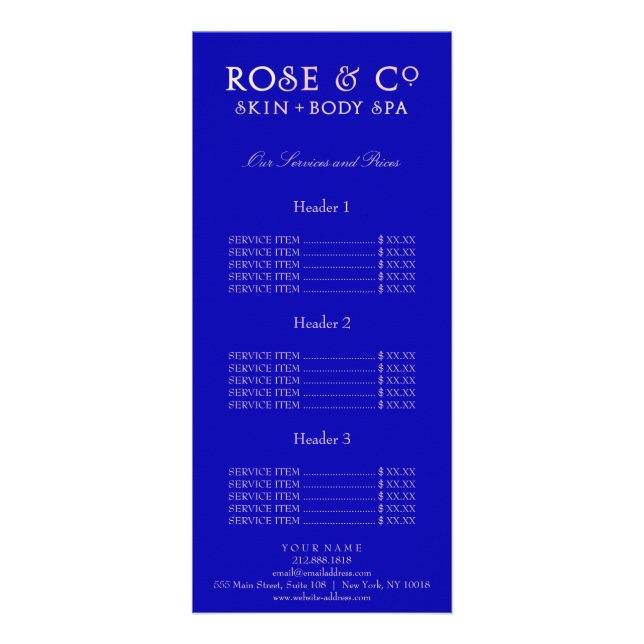 Branding Price List Rose Gold Blue Sapphire Rack Card (Front)