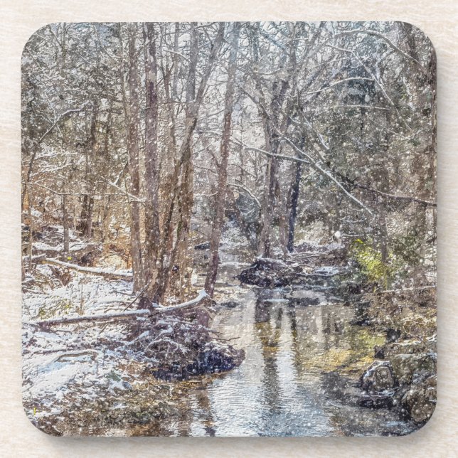 Branson Fall Creek Winter Snow Painterly Coaster (Front)