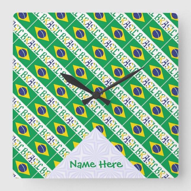 Brasil and Brazilian Flag Tiled with Your Name Square Wall Clock (Front)
