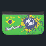 Brasil soccer football goal named flap case<br><div class="desc">Bright yellow,  blue and green (Brazilian colours) football / soccer ball splatting in the back of the goal / net with brasil flag cell phone case. Ideal for Brazilian football or soccer fans,  personalise with your own name currently reads Matheus. Designed by Sarah Trett.</div>