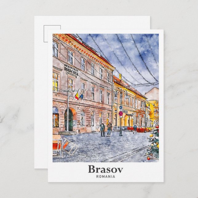 Brasov Romania Travel Watercolor Hand Drawn Postcard (Front/Back)
