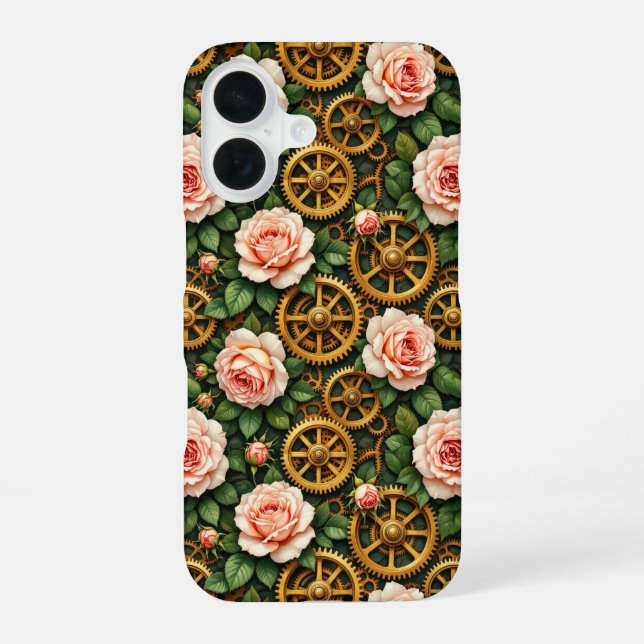 Brass Gears and Roses iPhone 16 Case (Back)