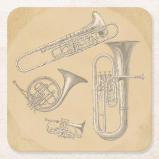 Brass Instruments Vintage Drawings Square Paper Coaster