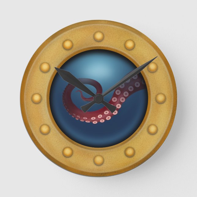 Brass Submarine Porthole Deep Sea Octopus Round Clock (Front)