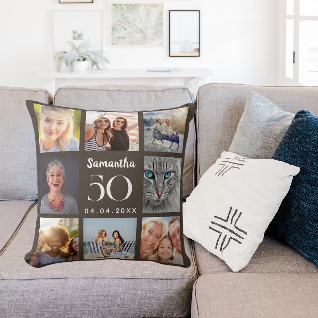 Braun taupe custom photo collage birthday cushion (Creator Uploaded)
