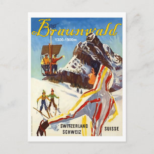 Braunvald, Switzerland mountains, people on ski Postcard