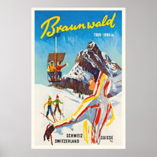 Braunwald Switzerland Vintage Ski Poster - Framed