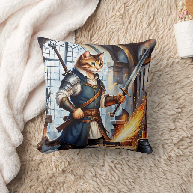 Brave Cat Blacksmith Forging a Sword in Workshop Cushion (Blanket)