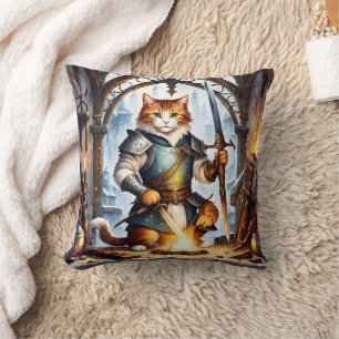 Brave Cat Knight Forging Swords in Fantasy Forge Cushion