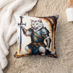 Brave Cat Knight in Armour With Sword Cushion