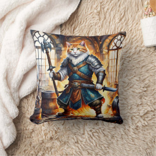 Brave Cat Knight in Mediaeval Setting Cushion