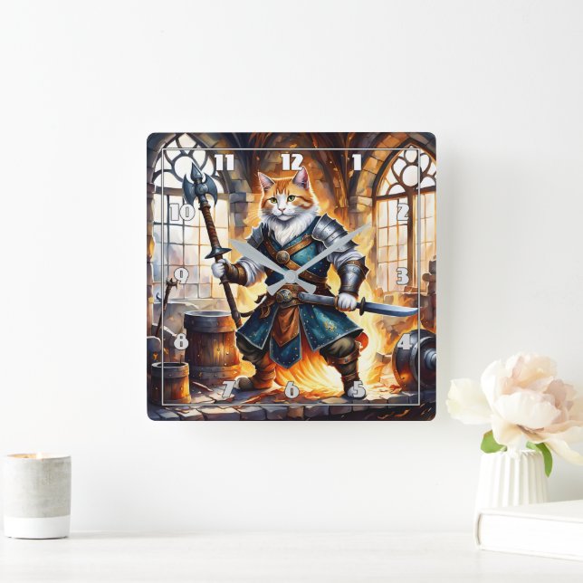 Brave Cat Knight in Mediaeval Setting Square Wall Clock (Home)