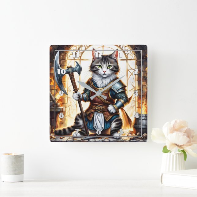 Brave Cat Warrior in Mediaeval Armour Square Wall Clock (Home)