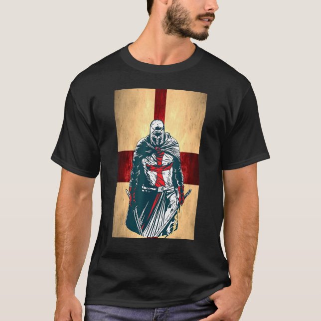 Brave Christian Crusader Warrior England Flag Knig T-Shirt (Front)
