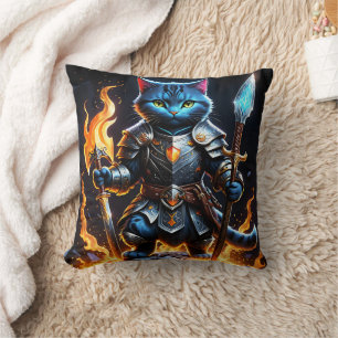 Brave Feline Knight in Fiery Fantasy Setting Cushion