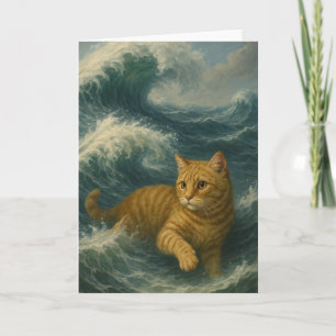Brave Ginger Cat Riding Ocean Waves Card
