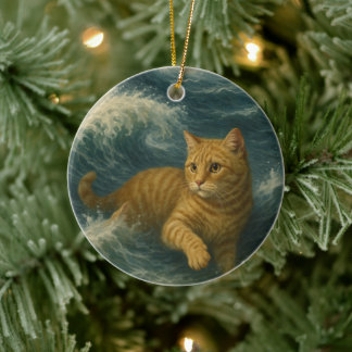 Brave Ginger Cat Riding Ocean Waves Ceramic Tree Decoration