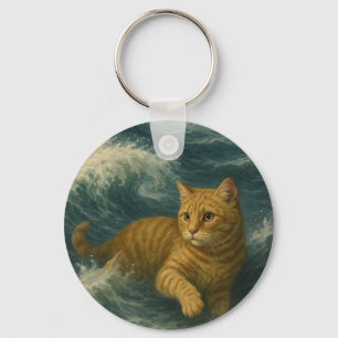       Brave Ginger Cat Riding Ocean Waves          Key Ring