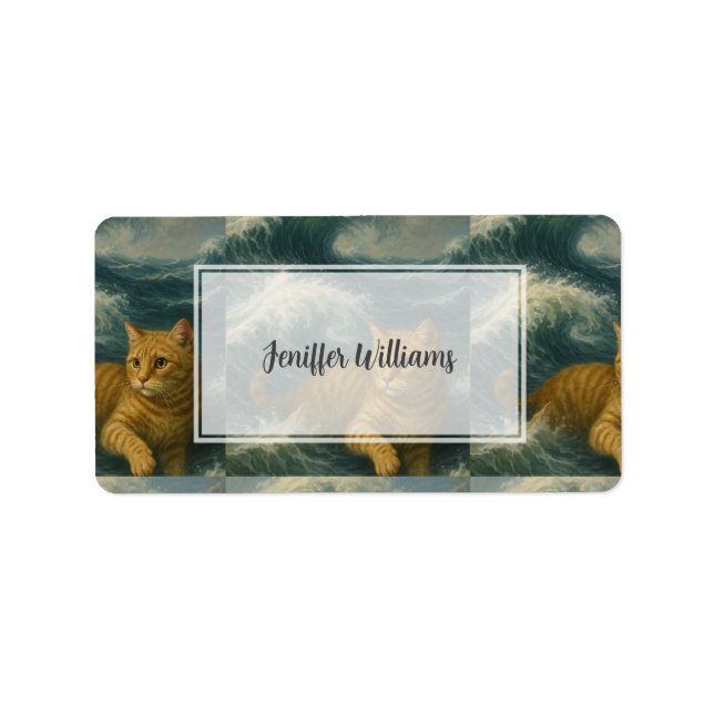    Brave Ginger Cat Riding Ocean Waves             Label (Front)