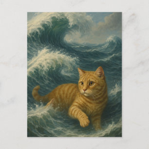 Brave Ginger Cat Riding Ocean Waves Postcard