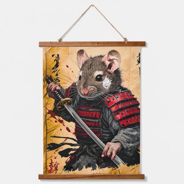 Brave Mouse Samurai Warrior - Japanese Ink Style Hanging Tapestry (Front)
