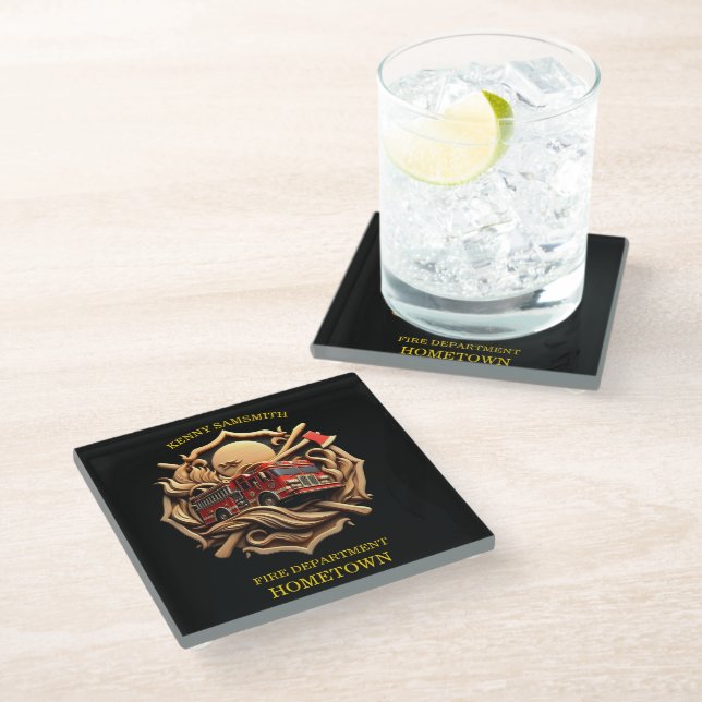 Bravery And Dedication Fire Department  Glass Coaster (Angled)