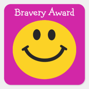 Bravery award yellow face on pink square sticker