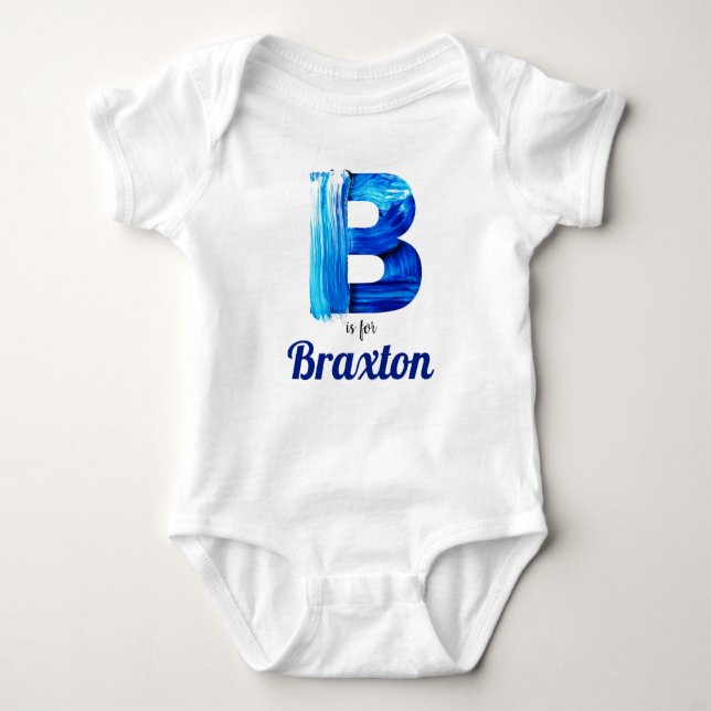 Braxton Name Reveal Letter Boy Blue Paint Newborn Baby Bodysuit (Front)