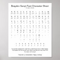 Brayden Script Font Character Sheet for Zazzle