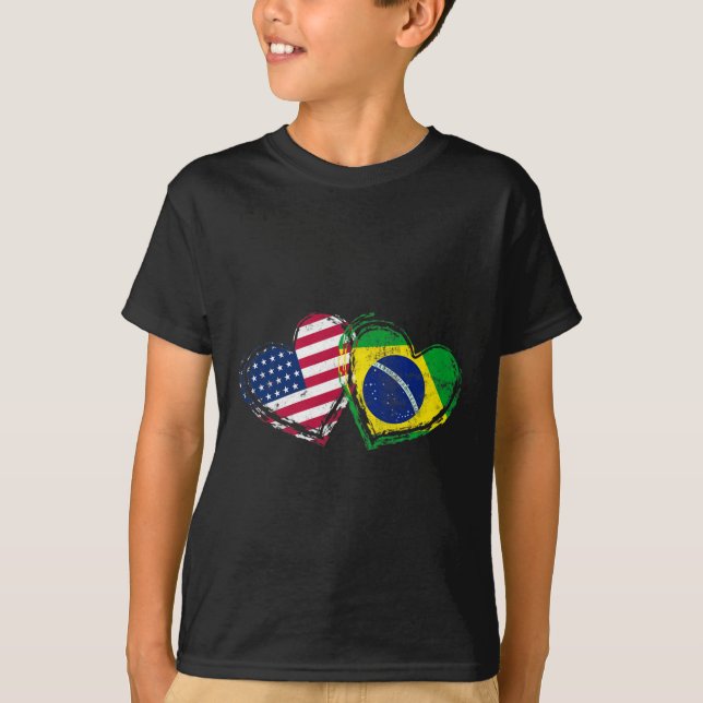 Brazil American Flag Heart Brazilian American Love T-Shirt (Front)