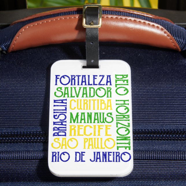 Brazil City Names Brazilian Flag Poster Luggage Tag (Front Insitu 2)
