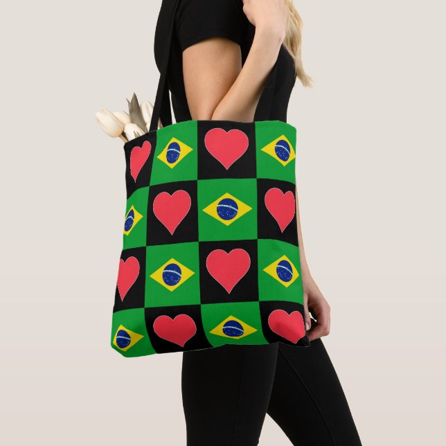 Brazil Flag Heart Pattern Patriotic Brazilian Tote Bag (Close Up)