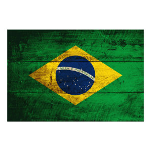 Brazil Flag on Old Wood Grain Photo Print