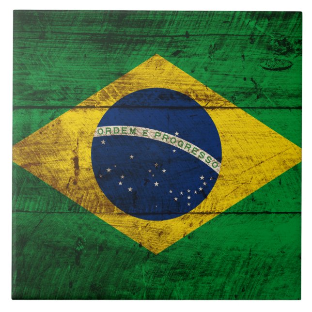 Brazil Flag on Old Wood Grain Tile (Front)