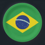 Brazil flag paper plate<br><div class="desc">The green color represents the country's forests,  the yellow diamond symbolizes its mineral riches,  the white is a symbol of peace and purity,  while the blue is associated with the color of the sky.</div>