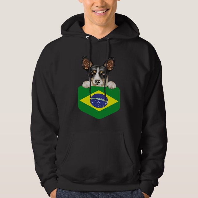 Brazil Flag Rat Terrier Dog In Pocket Hoodie (Front)