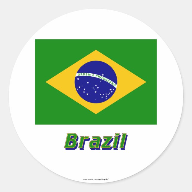 Brazil Flag with Name Classic Round Sticker (Front)