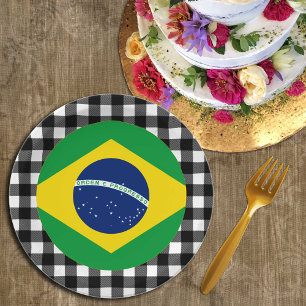 Brazil Plate, buffalo plaid & Brazilian Flag Paper Plate