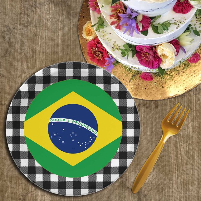 Brazil Plate, buffalo plaid & Brazilian Flag Paper Plate (Creator Uploaded)