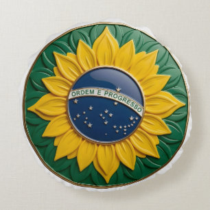 Brazil Solar Emblem - Luxury 3D National Pride Art Round Cushion