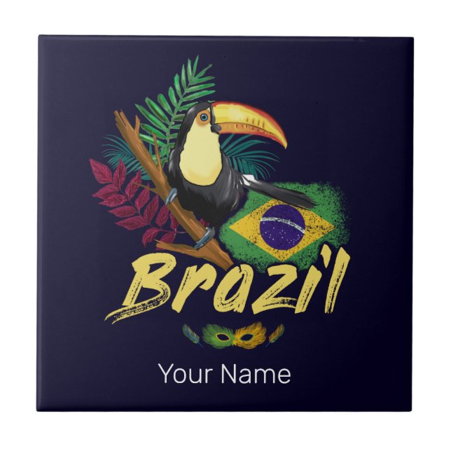 Brazil Vintage Toucan Flag Samba Mask Souvenir Tile (Front)