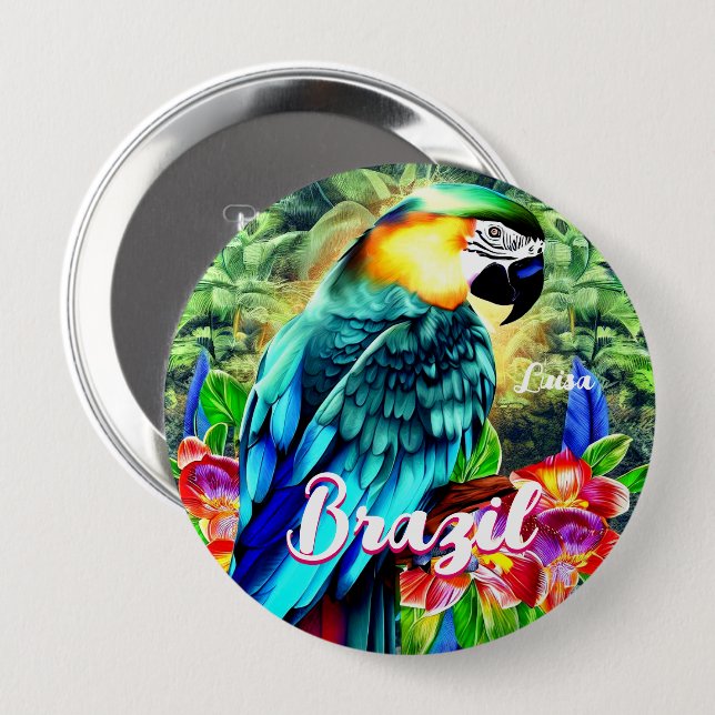 Brazil with Colourful Parrot T-Shirt 10 Cm Round Badge (Front & Back)