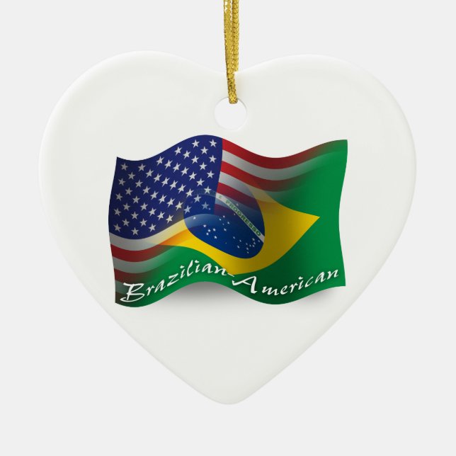 Brazilian-American Waving Flag Ceramic Tree Decoration (Front)