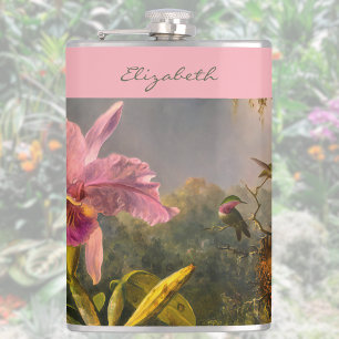 Brazilian Cattelya Orchid Hummingbird Monogrammed Hip Flask