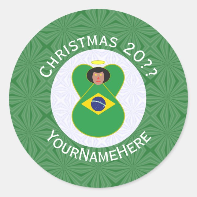 Brazilian Christmas Angel Flag Personalised  Classic Round Sticker (Front)