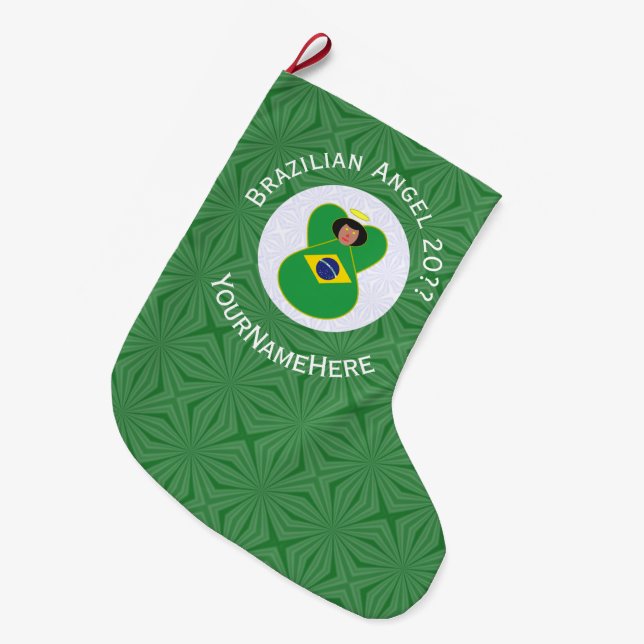 Brazilian Christmas Angel Flag Personalised  Large Christmas Stocking (Front (Hanging))