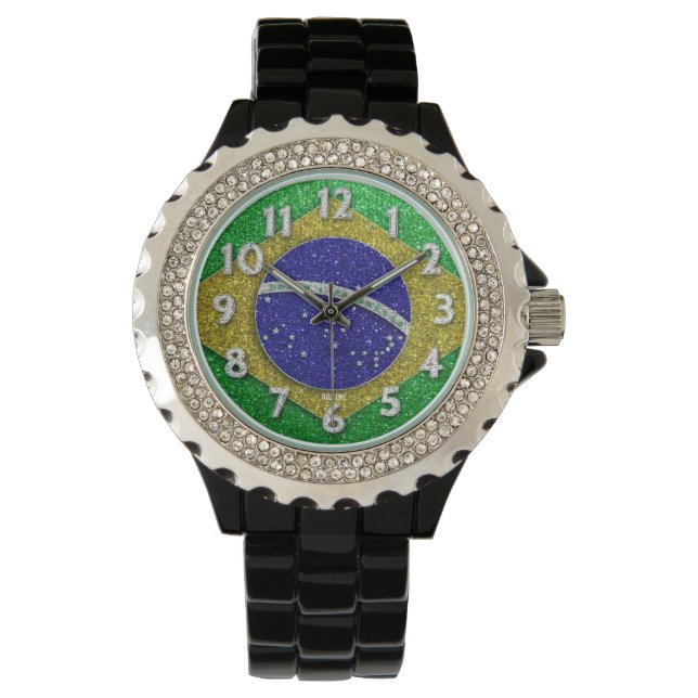 Brazilian Flag of Brazil Bling Glitter Fashion Watch (Front)